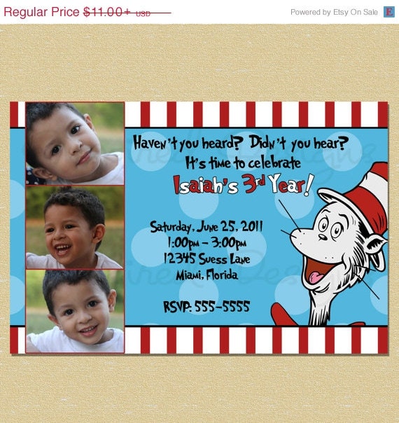 ON SALE Cat in the Hat - Dr. Suess Birthday Invitation 3 Photo Option Il_570xn