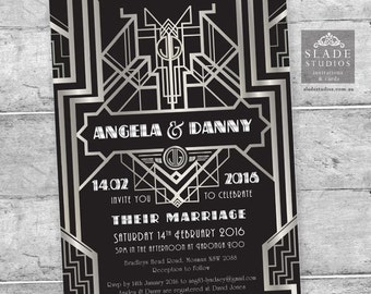 Great Gatsby 1920s Art Deco Wedding Invitation Set in Silver & Black. Printable Art Deco roaring 1920s Party Invitation, RSVP, Wedding Card