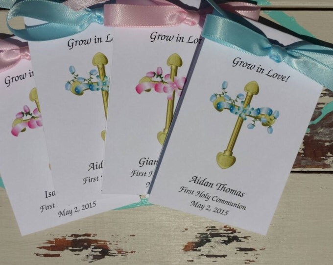 Personalized Blue Floral Cross Religious Baptism First Holy Communion Christening Thank You Gift Favors SALE CIJ Christmas in July
