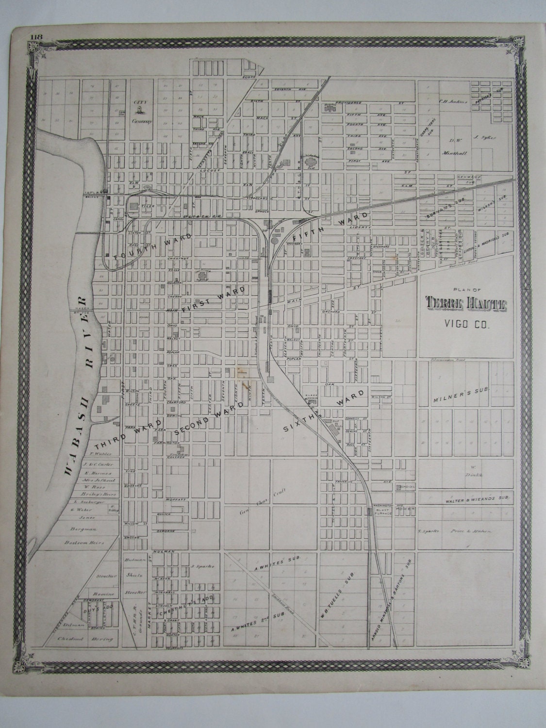 1876 TERRE HAUTE IN Original Baskin Forster Atlas Plan Map