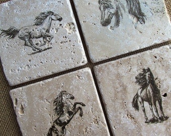 Natural stone coaster. Horse Coasters. Set of Four Coasters. Wedding gift. Birthday Gift. Rustic Decor. Gift.