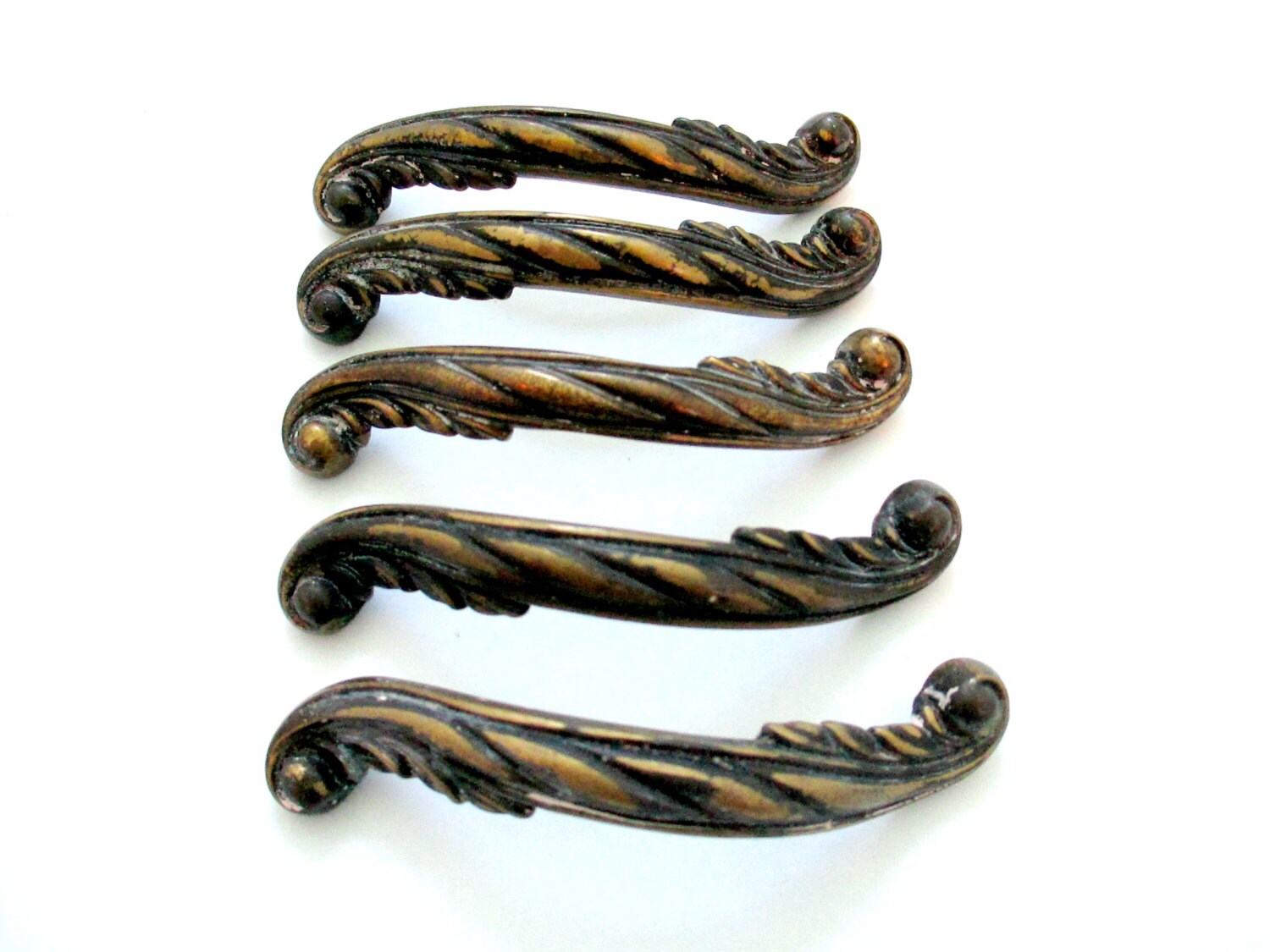 5 Vintage French Provincial Drawer Pulls 4 1/16″ centers Ornate brass