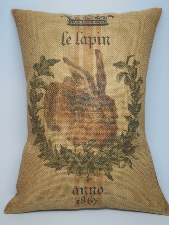French Rabbit Burlap Pillow Shabby Chic Farmhouse Pillows