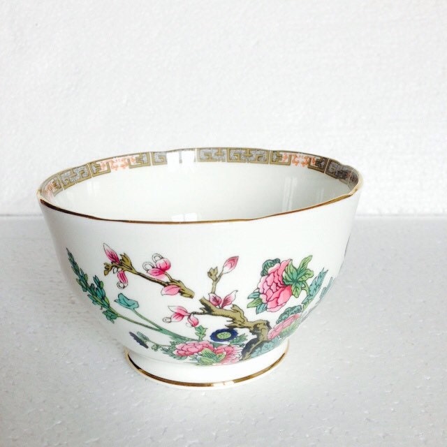 Antique Sugar Bowl Candy Dish Indian Tree Turquoise and Pink Flowers