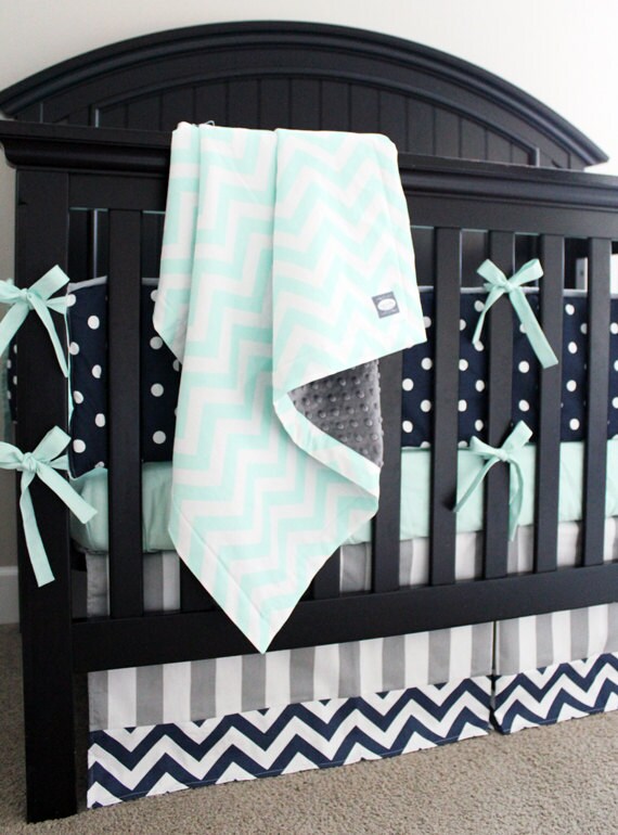 Mint Navy Grey Baby Crib Bedding Set Polka dot Chevron