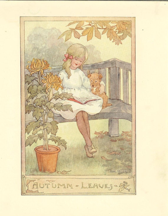 Vintage 1920's Anne Anderson Childrens Print Young Girl Sitting On Bench Dog Reading Book Autumn Falling Leaves Book Plate Book Illustration