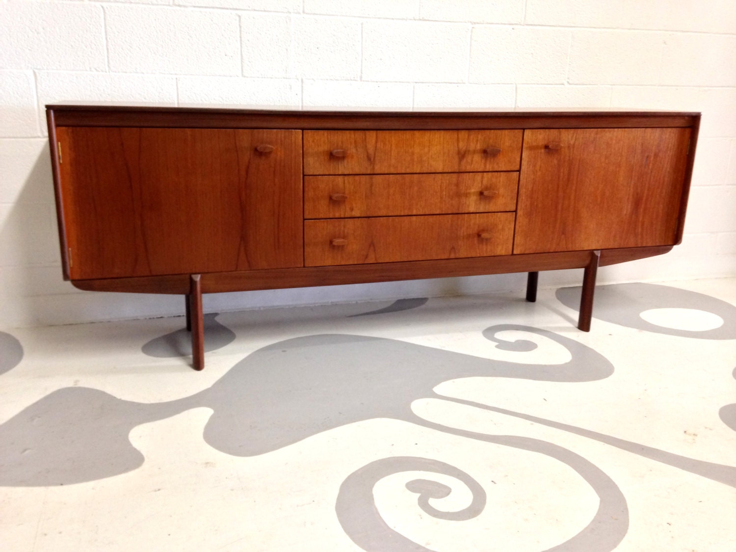 mid century modern credenza sideboard in teak with 3 drawers