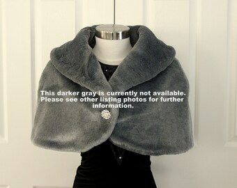 Faux Fur Stole Bridal Wrap Cape Shrug Plush Light Silver Gray Faux Fur