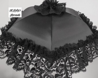 VICTORIAN PARASOL Umbrella in Black Satin with Lavish Wide Black Lace Ruffle Steampunk Formal Mourning Funeral Sun Shade Civil War Gothic