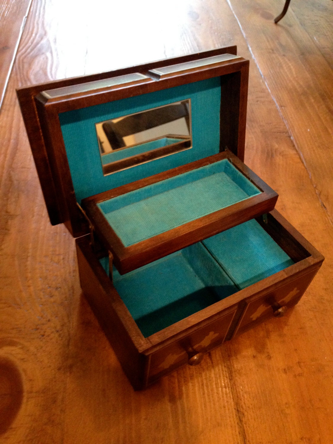 Wood Vintage Jewelry Box with blue velvet lined inside and mirror