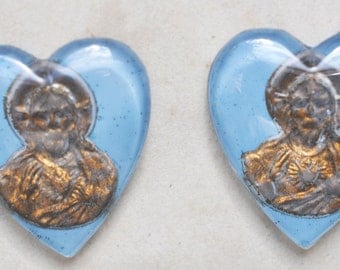 TWO Vintage Heart Shaped Jesus Cameos, Glass, 18mm X 20mm