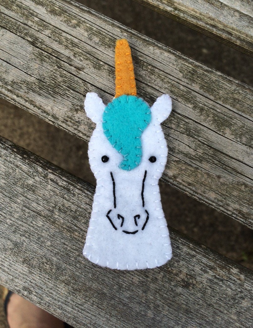 unicorn hand sewn wool felt finger puppet