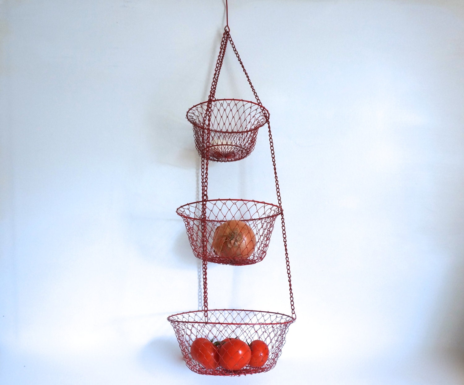 Red Collapsible Wire 3 Tier Basket Hanging Fruit Basket Wire