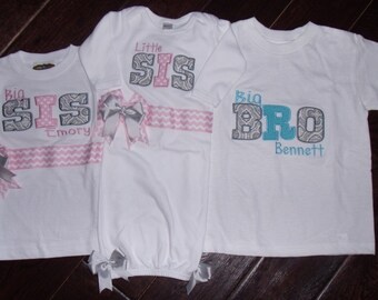 Set of 3 Gray Gray Morracan and Chevron Lil SiS or Bro Gown Big-Bigger sis or Bro Shirt and bigger sis-bro Shirt