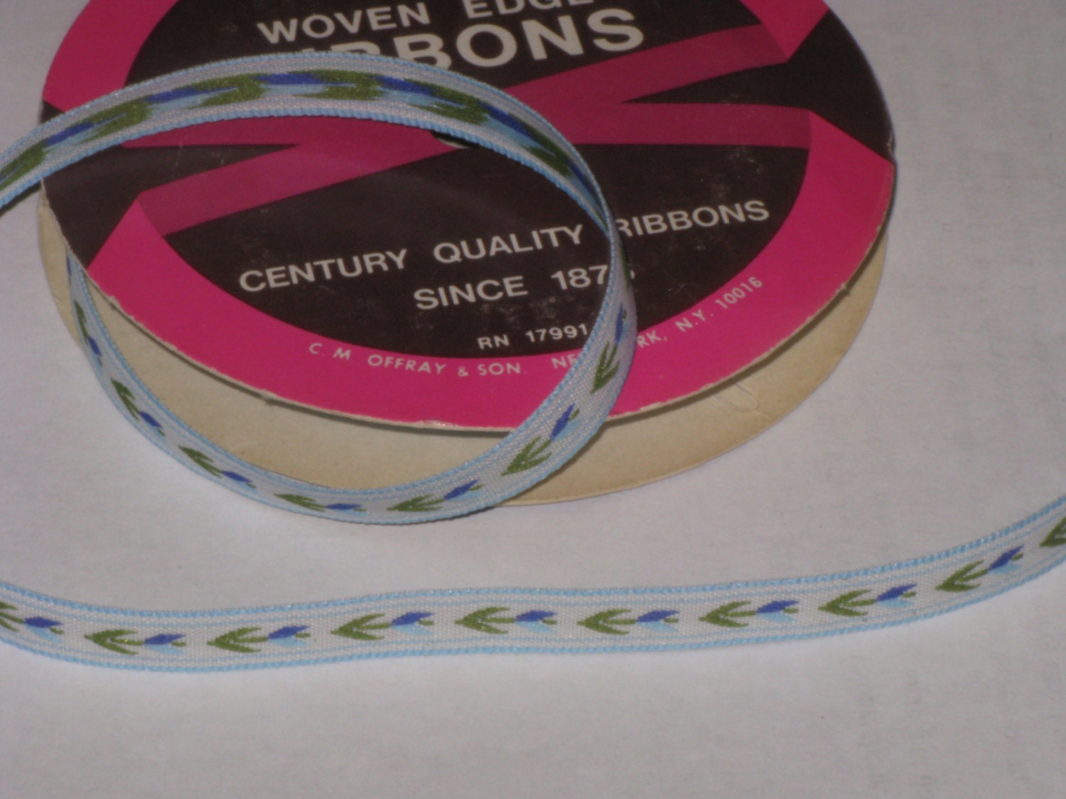 Vintage Offray Novelty Ribbon Embroidered Trim Blue Flowers 3 Yards