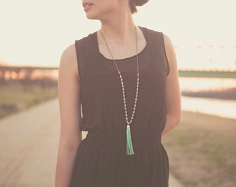 Tassel Necklace Leather Long Mint and Pink