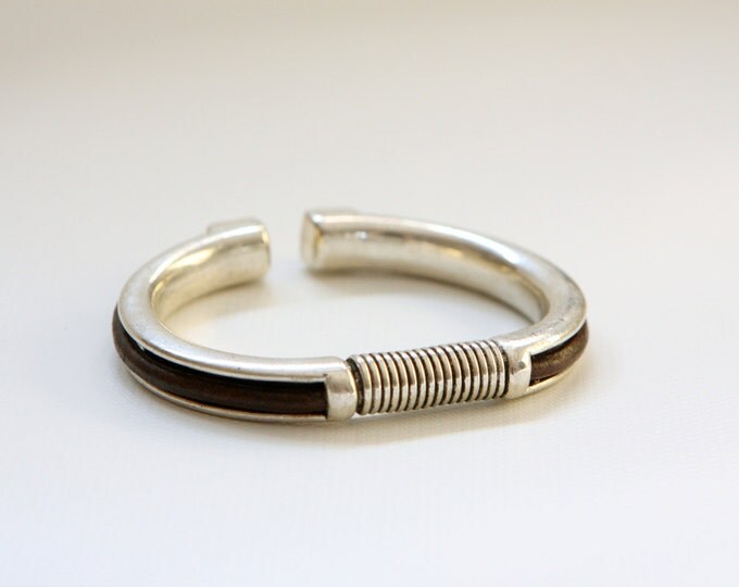 women,men brown leather bracelet silver finish metal cuff