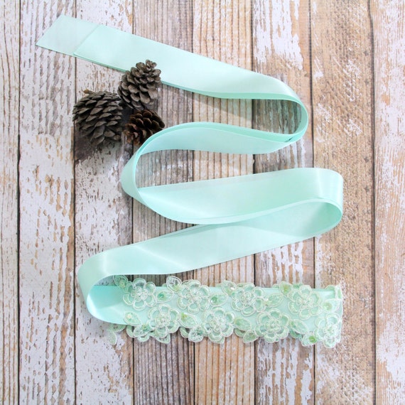 Mint Green Organza Flower Lace with Mint Green Satin Ribbon
