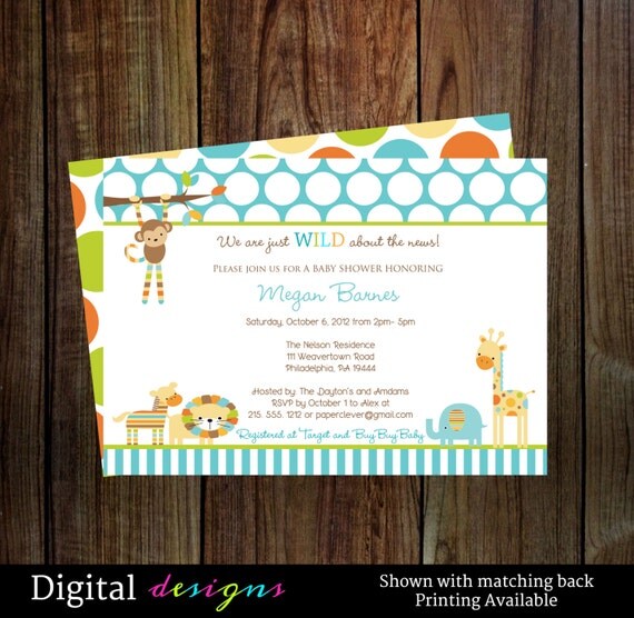 Safari baby shower invitations aqua and orange -- modern birthday jungle -- digital file printable NO.239 Il_570xn