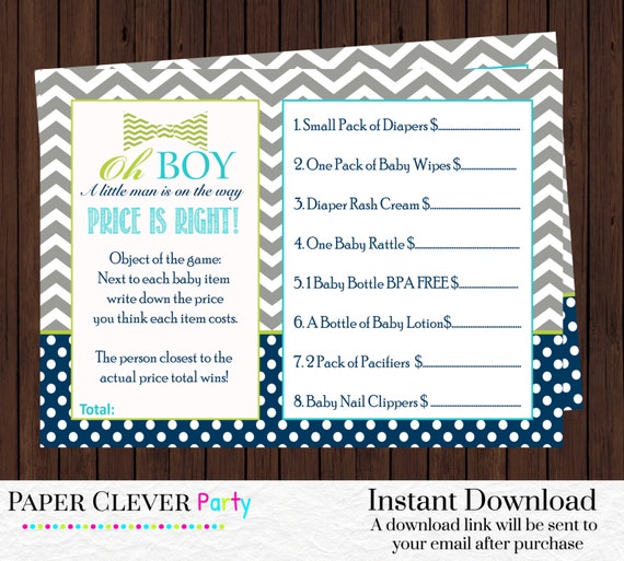 Boys baby shower price is right game for bow tie shower in gray, aqua blue, navy and lime instant download Il_570xn