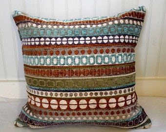IN STOCK / Turquiose, Green and Teracotta and Ivory Pillow Cover / 20 X 20 / Same fabric both sides
