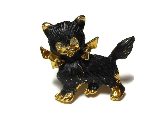 FREE SHIPPING Black cat brooch pin, black enamel kitty, rhinestone eyes, gold tone base, gold collar, small