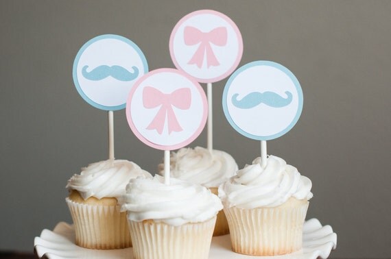 Bow and Mustache Baby Shower, Gender Reveal Baby Shower, Gender Reveal Cupcake Toppers Il_570xn