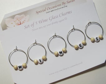 Wine Glass Charms - Set of 5 - "WINES"