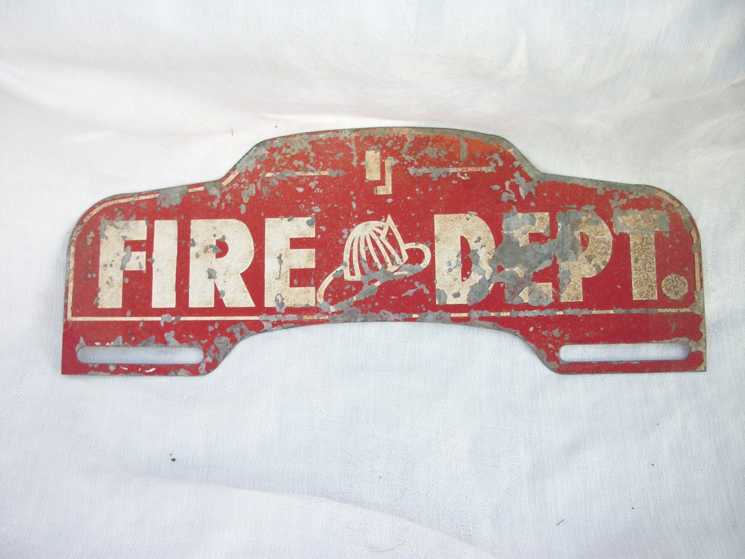 Vintage Sign FIRE DEPT Metal Old Toy Sign Red White and