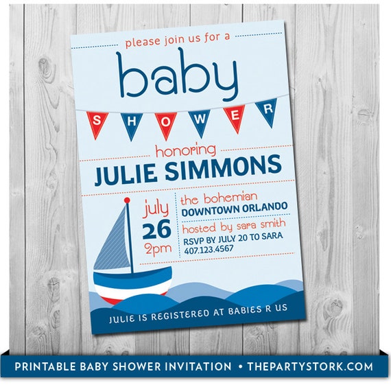 Nautical Baby Shower Invitation, DIY printable sailboat baby shower 