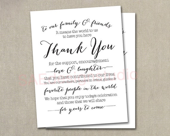 Wedding Day Reception Thank You Menu Size Table Cards DIY