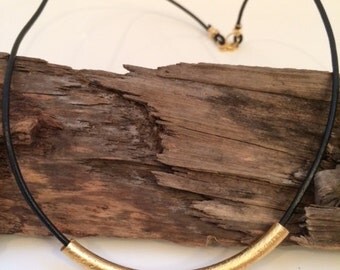 Black Leather, Gold Bar, Necklace