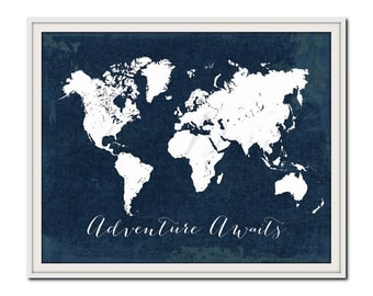 Printable Adventure Awaits World Map Poster, Navy Travel Quote Print, JPG File, Instant Download, Nursery Decor, Beach House Decor