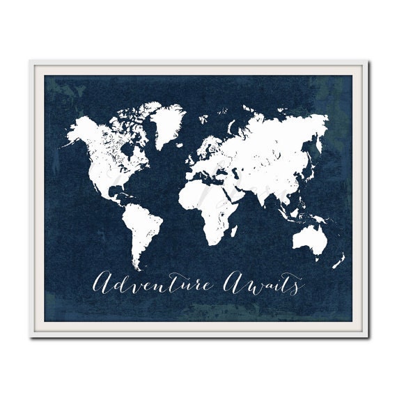 Printable Adventure Awaits World Map Poster Navy Travel Quote