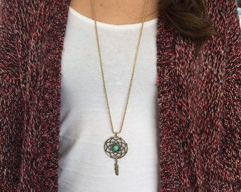 Long Boho Dream Catcher Necklace // Bohemian Necklace // Large Brass Dream Catcher Necklace // Long Dream Catcher Necklace