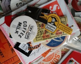 Small Vintage Ephemera Pack- 25 Piece Vegas Buffet Collage Kit Mini Paper Inspiration Supply | Tickets | Stamps | Labels | Milk Caps