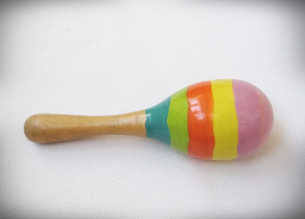 Vintage wooden baby rattle toy Hand painted turned wood