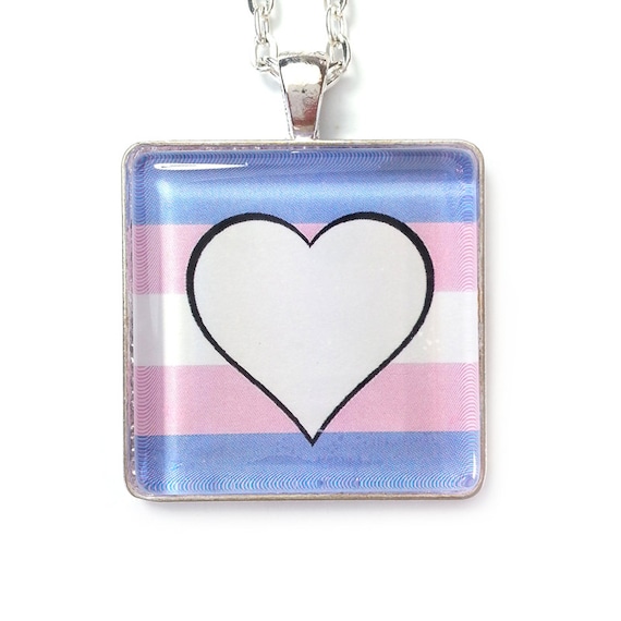 Square glass necklace with trans flag design and a white heart