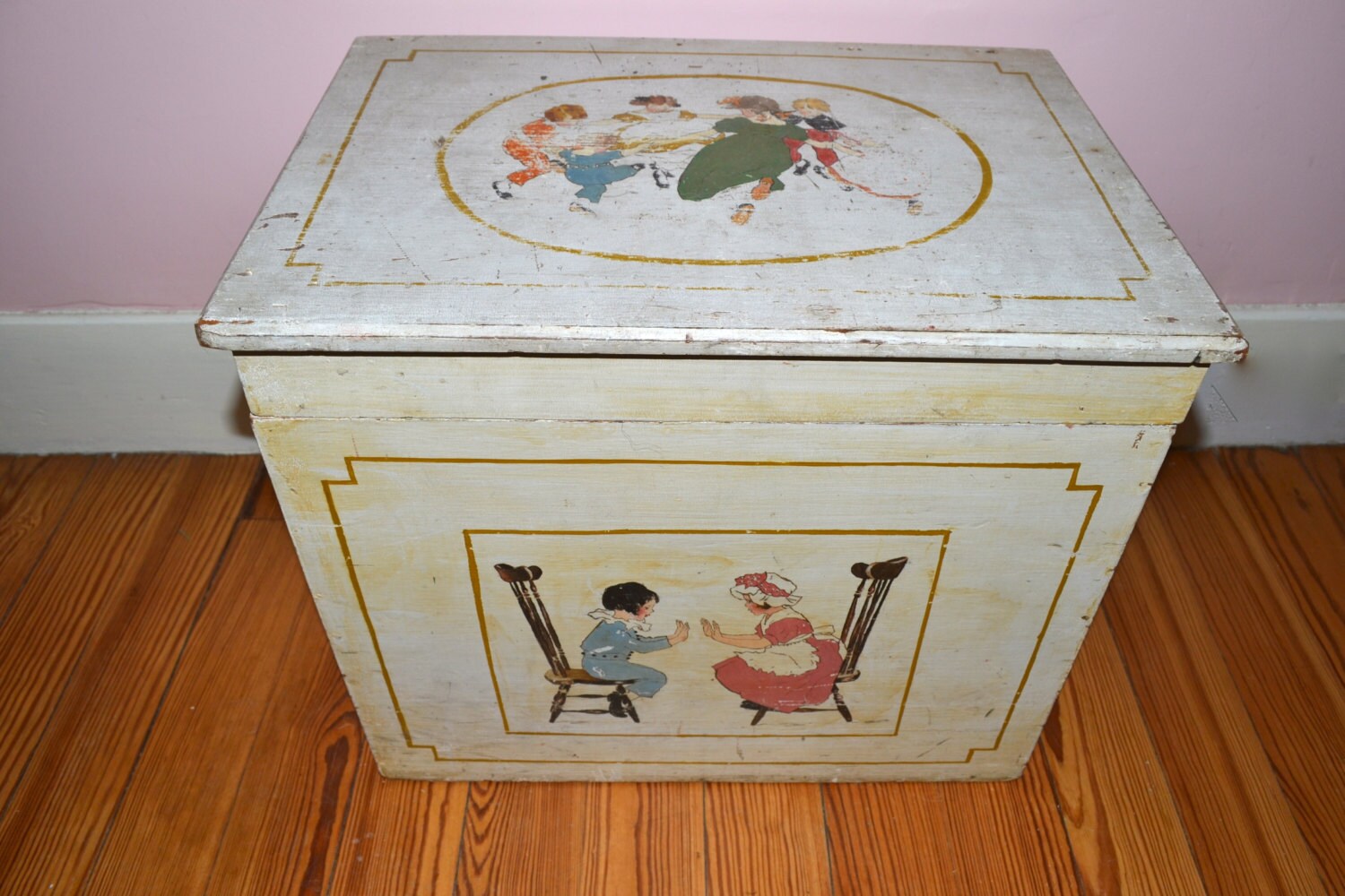 1920s Antique Wooden Hand Painted Toy Chest with Scenes of