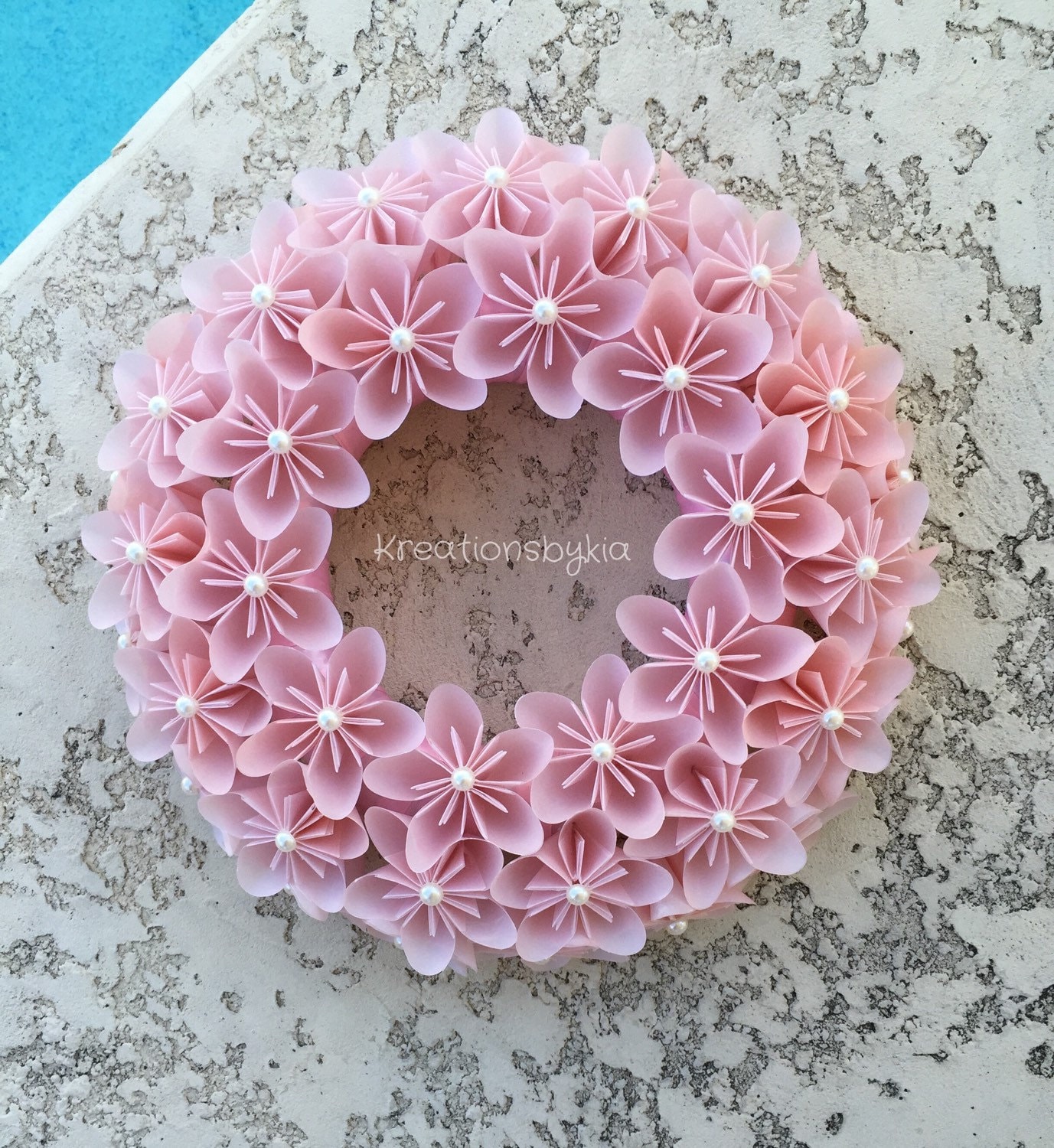 flower wreath origami kreationsbykia wedding Wreath / Pink Paper Origami Flower by