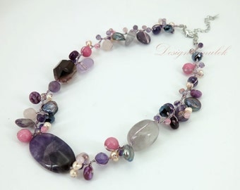 Purple amethyst,freshwater pearl on silk necklace.