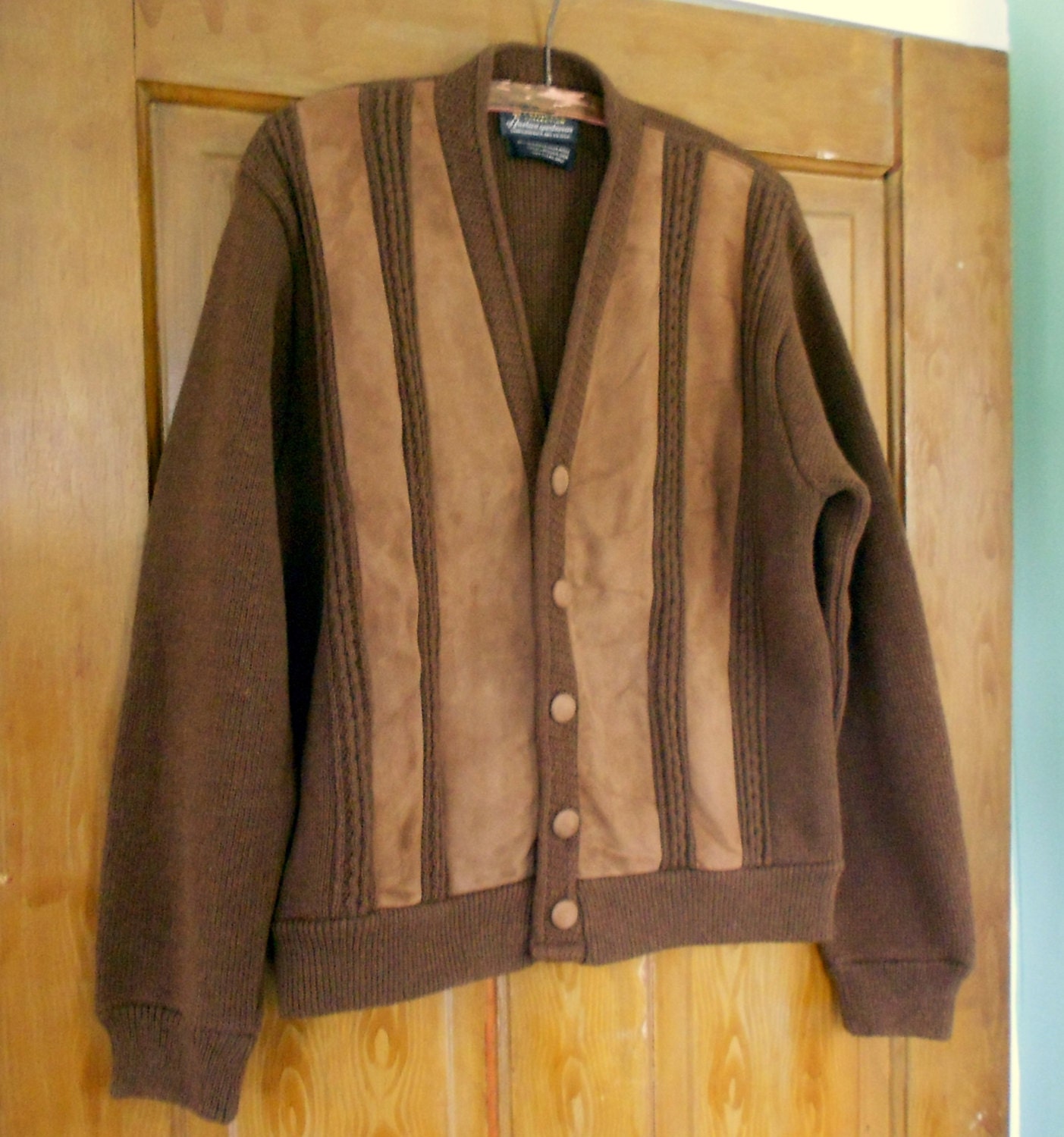 Vintage Mid Century Mens Suede Front Cardigan Sweater