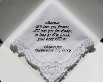 Personalized Wedding Handkerchiefs Embroidered to Mother of Bride (Monogram / Custom)