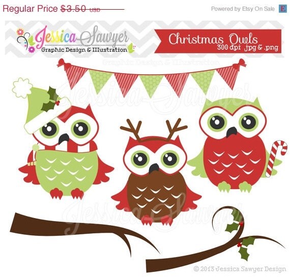 50% OFF- INSTANT DOWNLOAD, christmas owl clipart, christmas clipart, for commercial use, scrapbooking, invitation, annoucements Il_570xn