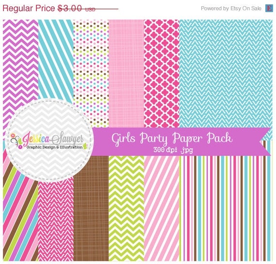 50% OFF- INSTANT DOWNLOAD, girls party digital papers, girl party backgrounds, cute paper, for invites, web background, chevron, stripes, te Il_570xn