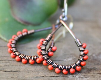 Teardrop earrings, Copper Wire Earrings, Oxidized Copper, Coral Color Earrings, Seed Bead Earring, Lightweight Earring, Wire Wrapped Jewelry