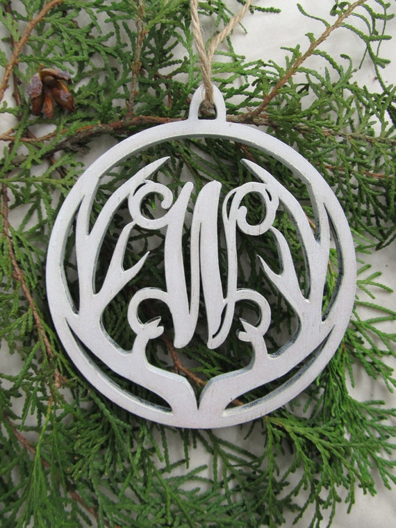 Wooden Antler Monogram Ornament Laser Cut Natural or Hand