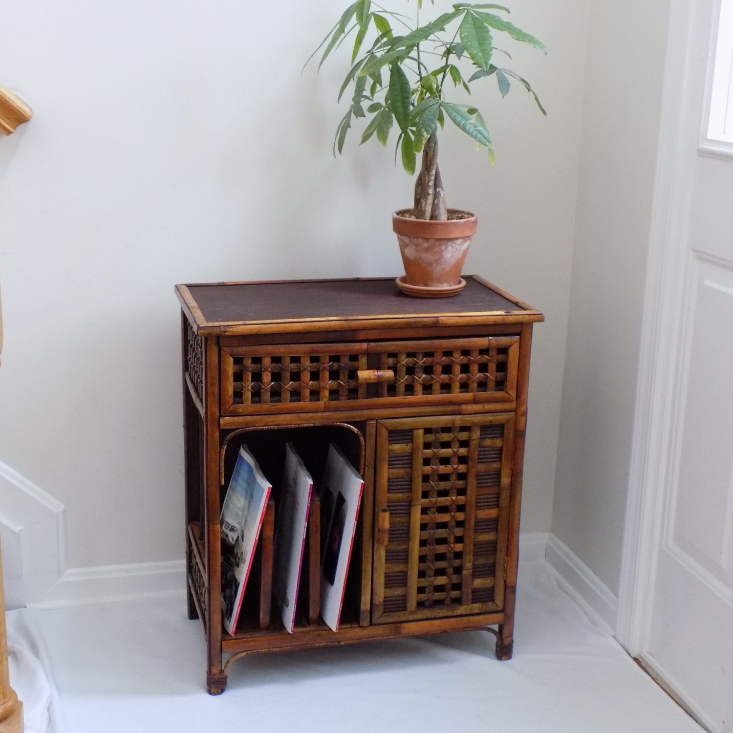 Mid Century Bamboo Hand Crafted Side Table with Drawer and