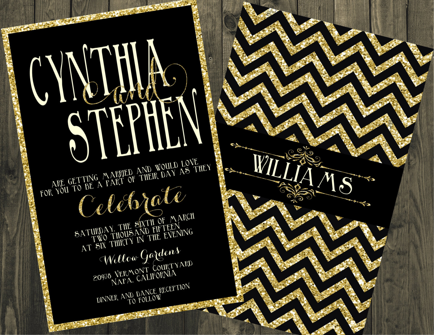 Black and Gold Wedding Invitation Glitter Wedding