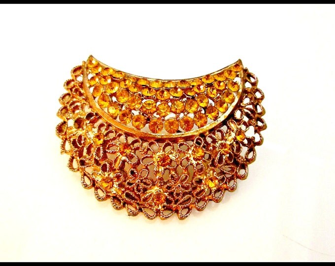 Gold and Amber Rhinestone Crescent brooch